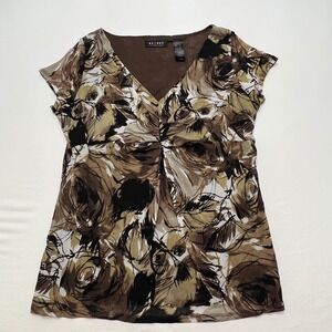 Axcess Liz Claiborne Women Large Blouse Floral Sheer Lined V Neck‎ Cap Sleeve